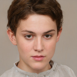 Neutral white young-adult female with short  brown hair and grey eyes