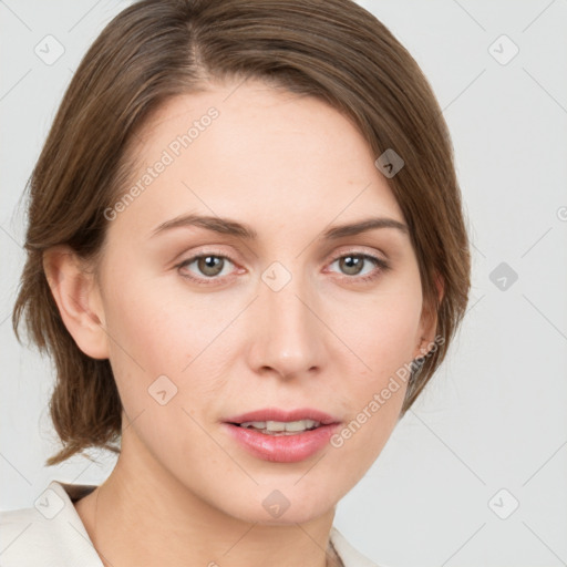 Joyful white young-adult female with medium  brown hair and green eyes