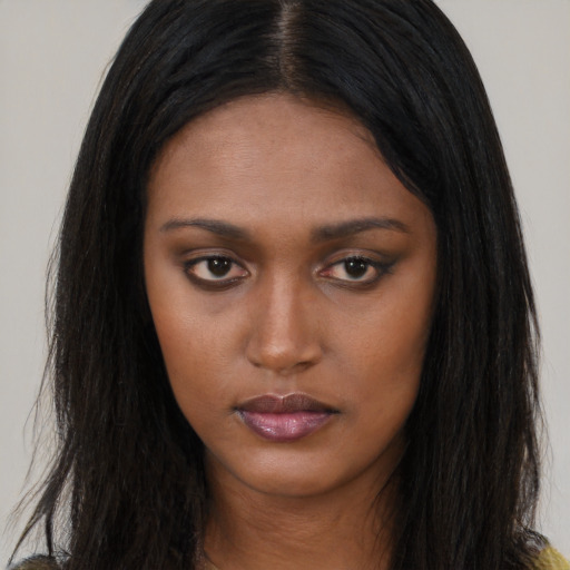 Neutral asian young-adult female with long  brown hair and brown eyes