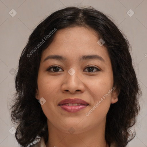 Joyful asian young-adult female with medium  brown hair and brown eyes