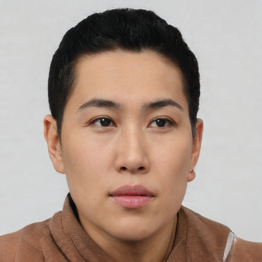 Neutral asian young-adult male with short  brown hair and brown eyes
