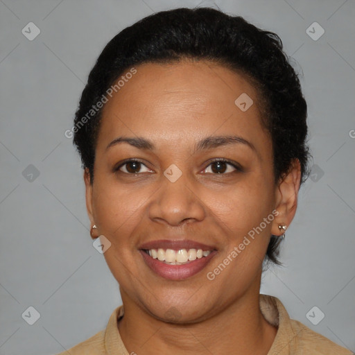 Joyful latino young-adult female with short  brown hair and brown eyes