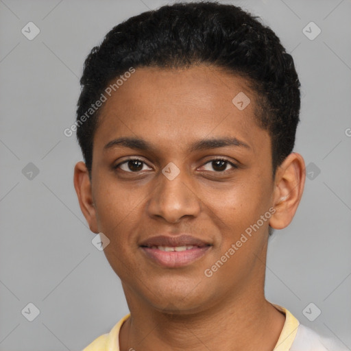 Joyful black young-adult male with short  brown hair and brown eyes