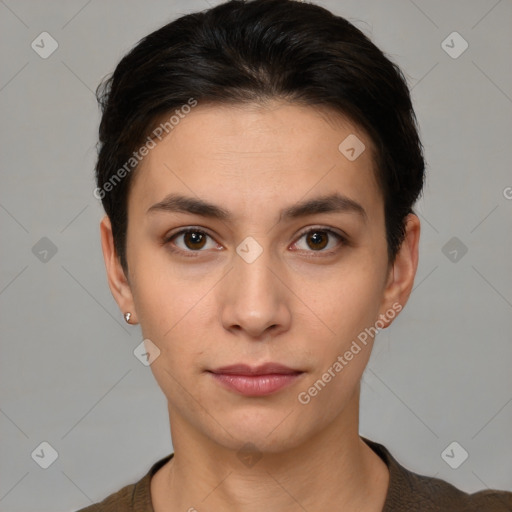 Neutral white young-adult female with short  brown hair and brown eyes