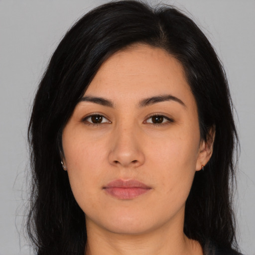 Neutral asian young-adult female with long  black hair and brown eyes