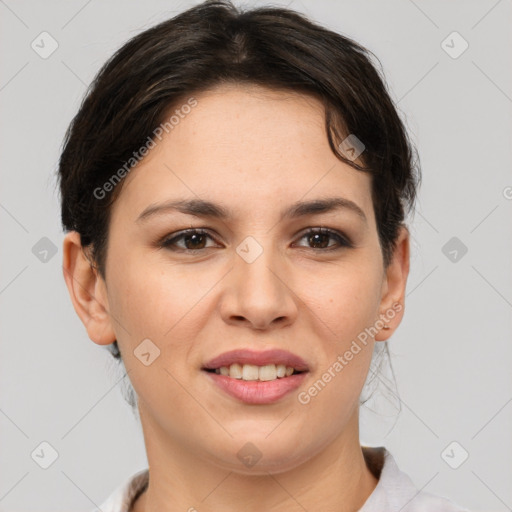 Joyful white young-adult female with medium  brown hair and brown eyes