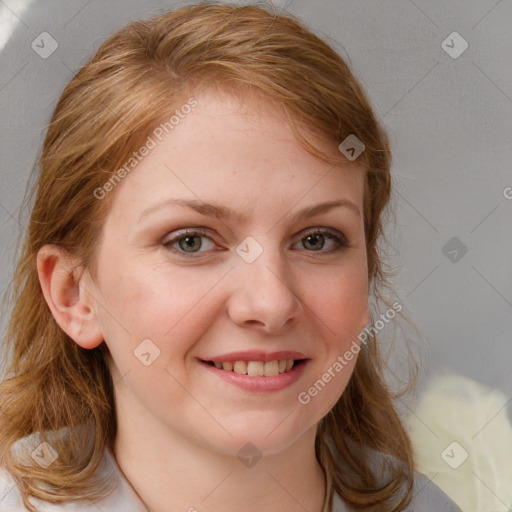 Joyful white young-adult female with medium  brown hair and blue eyes