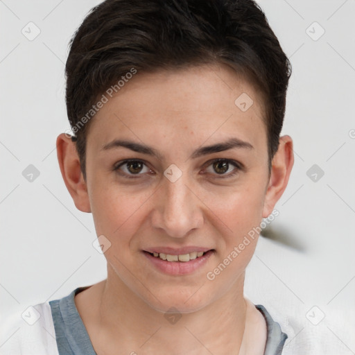 Joyful white young-adult female with short  brown hair and brown eyes