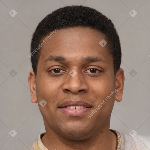 Joyful latino young-adult male with short  brown hair and brown eyes