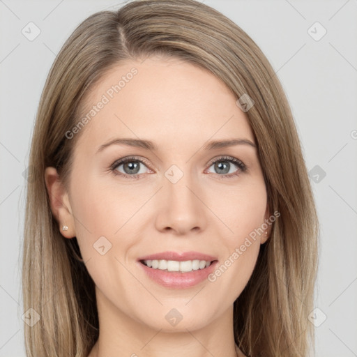 Joyful white young-adult female with long  brown hair and grey eyes