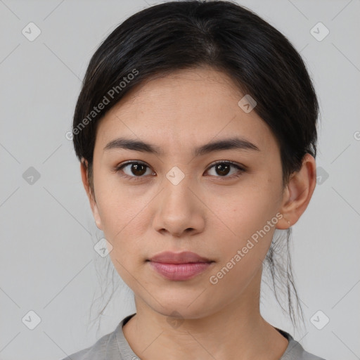 Neutral asian young-adult female with medium  brown hair and brown eyes