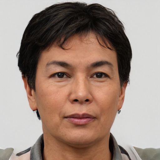 Joyful asian adult male with short  brown hair and brown eyes