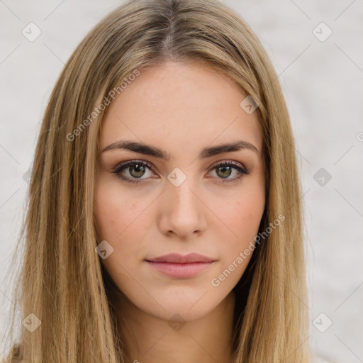 Neutral white young-adult female with long  brown hair and brown eyes