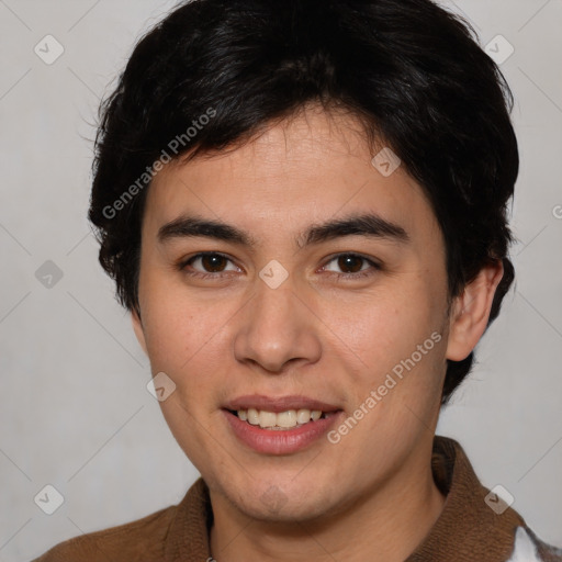 Joyful white young-adult male with medium  brown hair and brown eyes