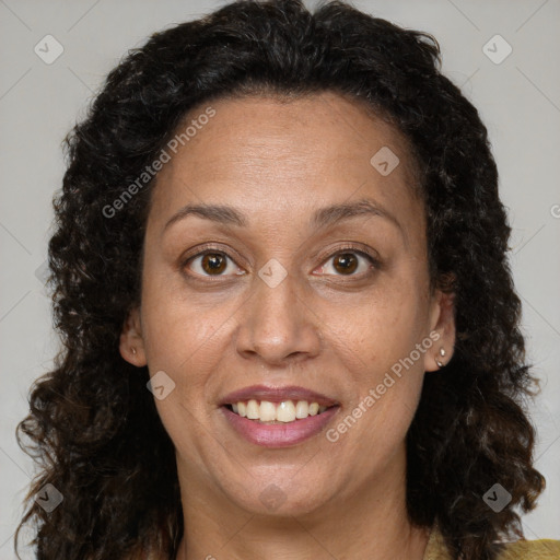 Joyful white adult female with long  brown hair and brown eyes