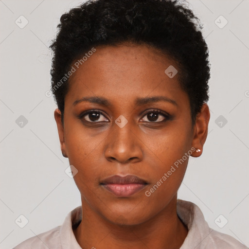 Neutral black young-adult female with short  black hair and brown eyes