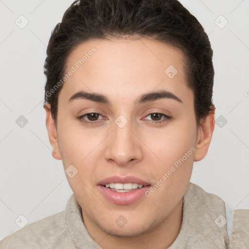 Joyful white young-adult female with short  brown hair and brown eyes