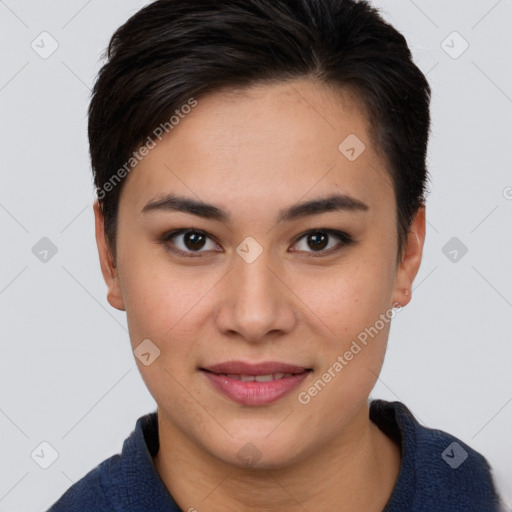 Joyful asian young-adult female with short  brown hair and brown eyes