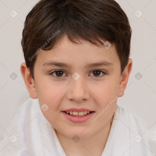 Joyful white child female with short  brown hair and brown eyes