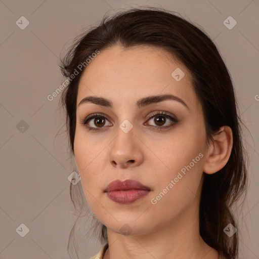 Neutral white young-adult female with medium  brown hair and brown eyes