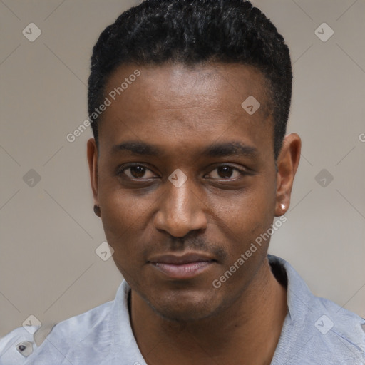 Neutral black young-adult male with short  black hair and brown eyes