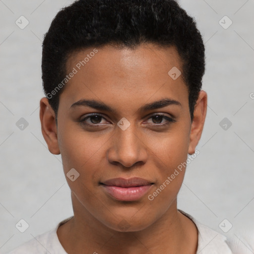 Joyful latino young-adult female with short  brown hair and brown eyes