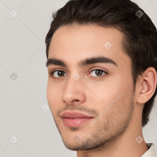 Neutral white young-adult male with short  brown hair and brown eyes