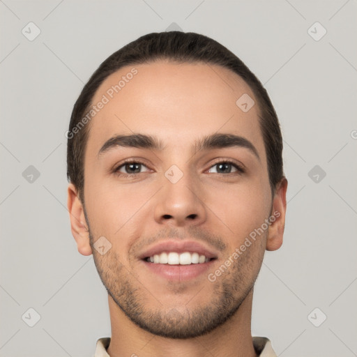 Neutral white young-adult male with short  brown hair and brown eyes