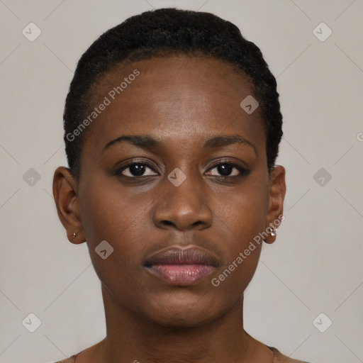 Neutral black young-adult female with short  black hair and brown eyes