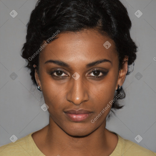 Neutral black young-adult female with short  black hair and brown eyes