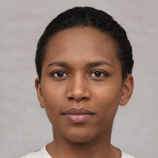 Neutral black young-adult female with short  black hair and brown eyes