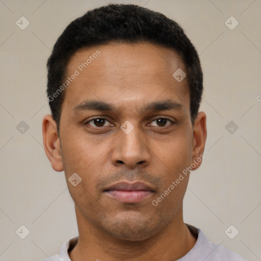 Neutral latino young-adult male with short  black hair and brown eyes