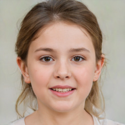 Joyful white child female with medium  brown hair and grey eyes