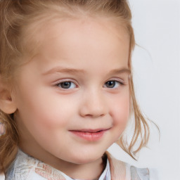 Joyful white child female with medium  blond hair and grey eyes