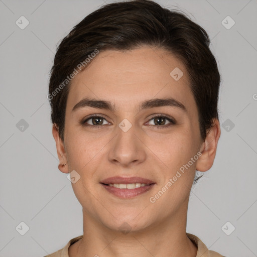 Joyful white young-adult female with short  brown hair and brown eyes