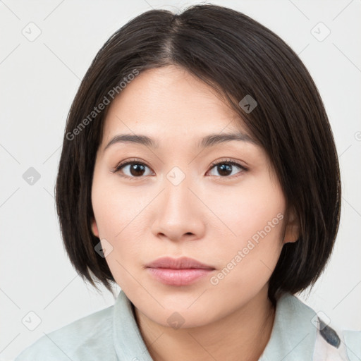 Neutral white young-adult female with medium  brown hair and brown eyes