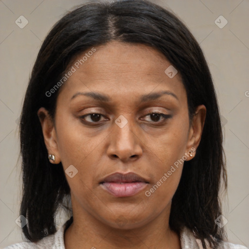 Joyful black young-adult female with medium  brown hair and brown eyes