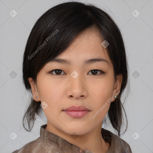 Neutral asian young-adult female with medium  black hair and brown eyes