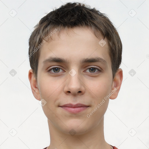 Neutral white young-adult male with short  brown hair and brown eyes