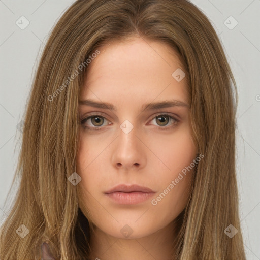 Neutral white young-adult female with long  brown hair and brown eyes