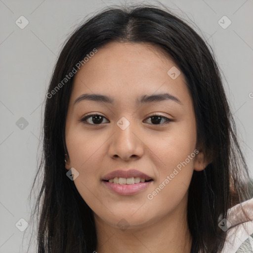 Joyful asian young-adult female with long  brown hair and brown eyes