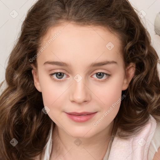 Joyful white child female with long  brown hair and brown eyes