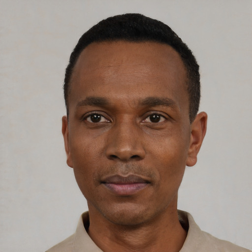 Neutral black adult male with short  black hair and brown eyes