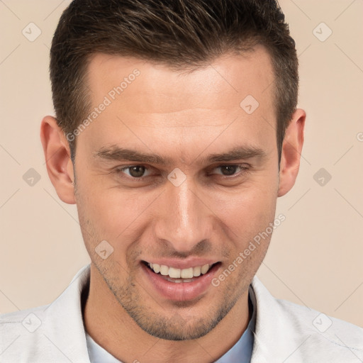 Joyful white young-adult male with short  brown hair and brown eyes