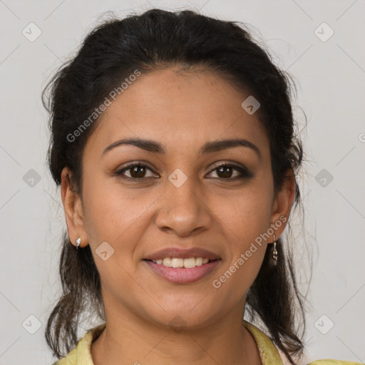 Joyful latino young-adult female with medium  brown hair and brown eyes