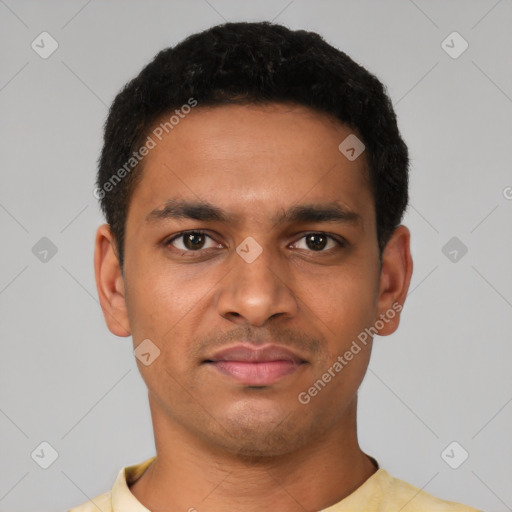 Neutral latino young-adult male with short  black hair and brown eyes