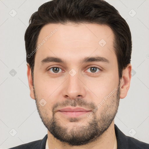 Joyful white young-adult male with short  brown hair and brown eyes