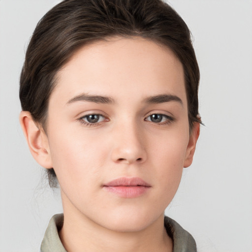 Neutral white young-adult female with short  brown hair and brown eyes