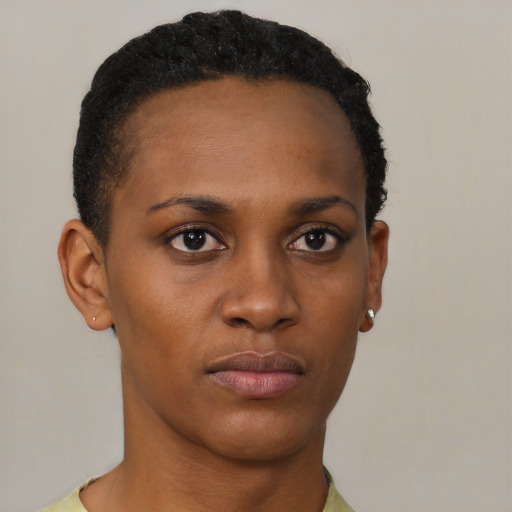 Neutral black young-adult female with short  brown hair and brown eyes