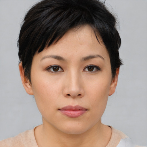 Neutral asian young-adult female with short  brown hair and brown eyes